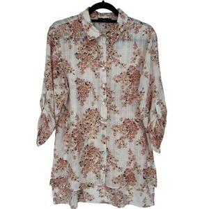Sara Michelle Women's Boho Floral Button Up Roll Tab Sleeve Tunic Top Size Large